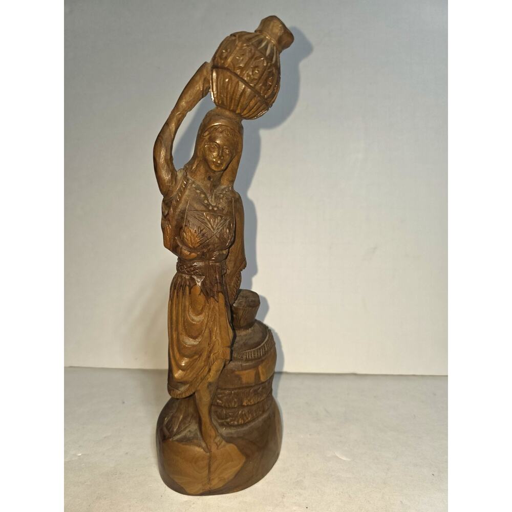 VINTAGE Olive Wood Hand Carved Woman statue W/ Water Jug On Head 10” next Well
